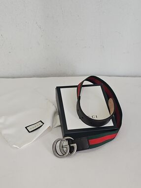 Gucci kids belt GG Logo Red Green Elastic Brown Leather HAENN S . 214452